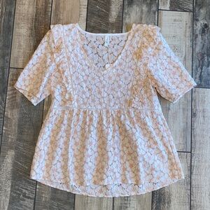 Love Cream/Light Pink Floral Lace Blouse with Ruffles 🆕